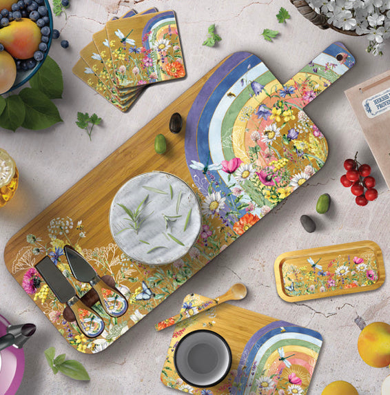 Large Bamboo Serving Board with Cheese Knives - Wildflower Rainbow
