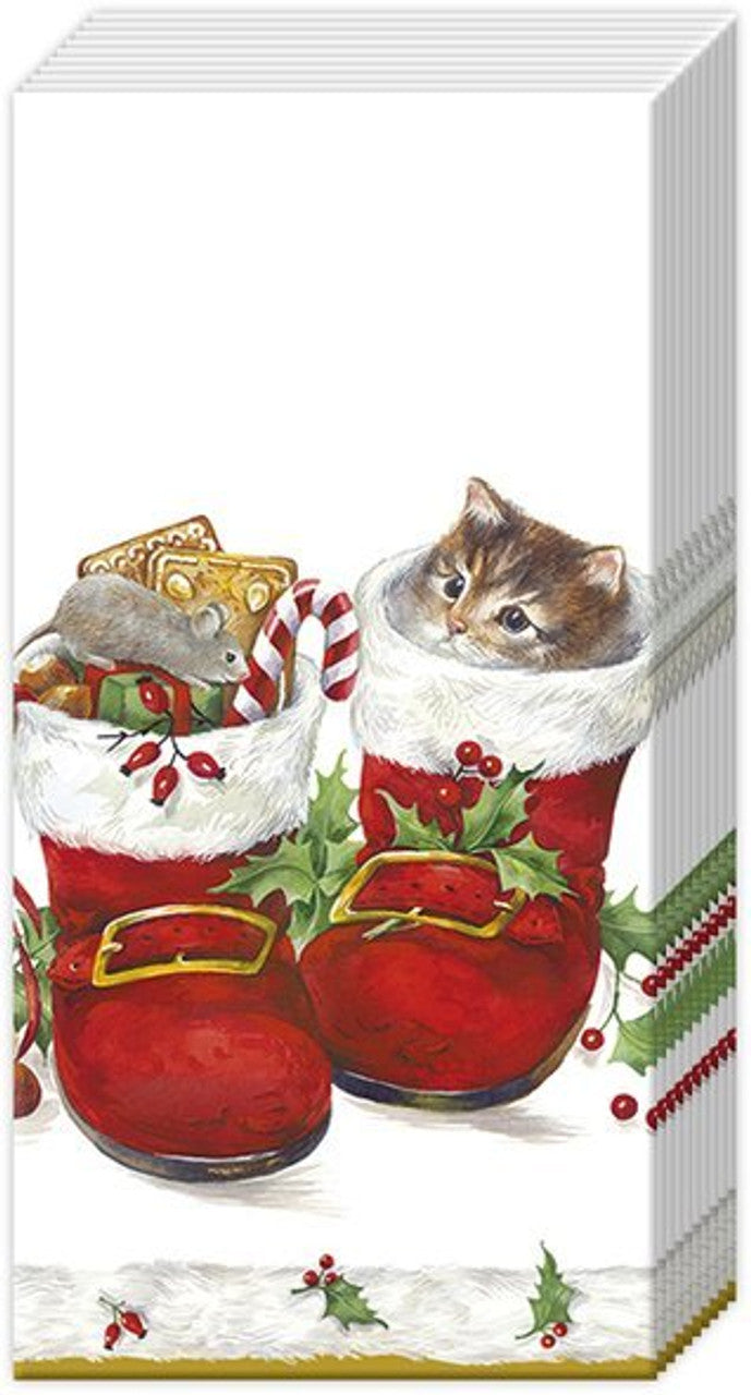 Christmas Pocket Tissues - Sweet Kitten Christmas Boots