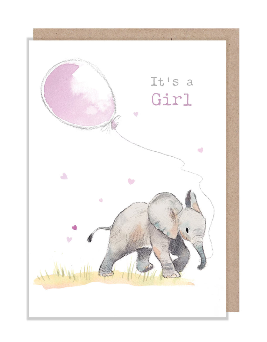 Paper Shed Design Card - It’s A Girl (Elephant Holding Pink Balloon)