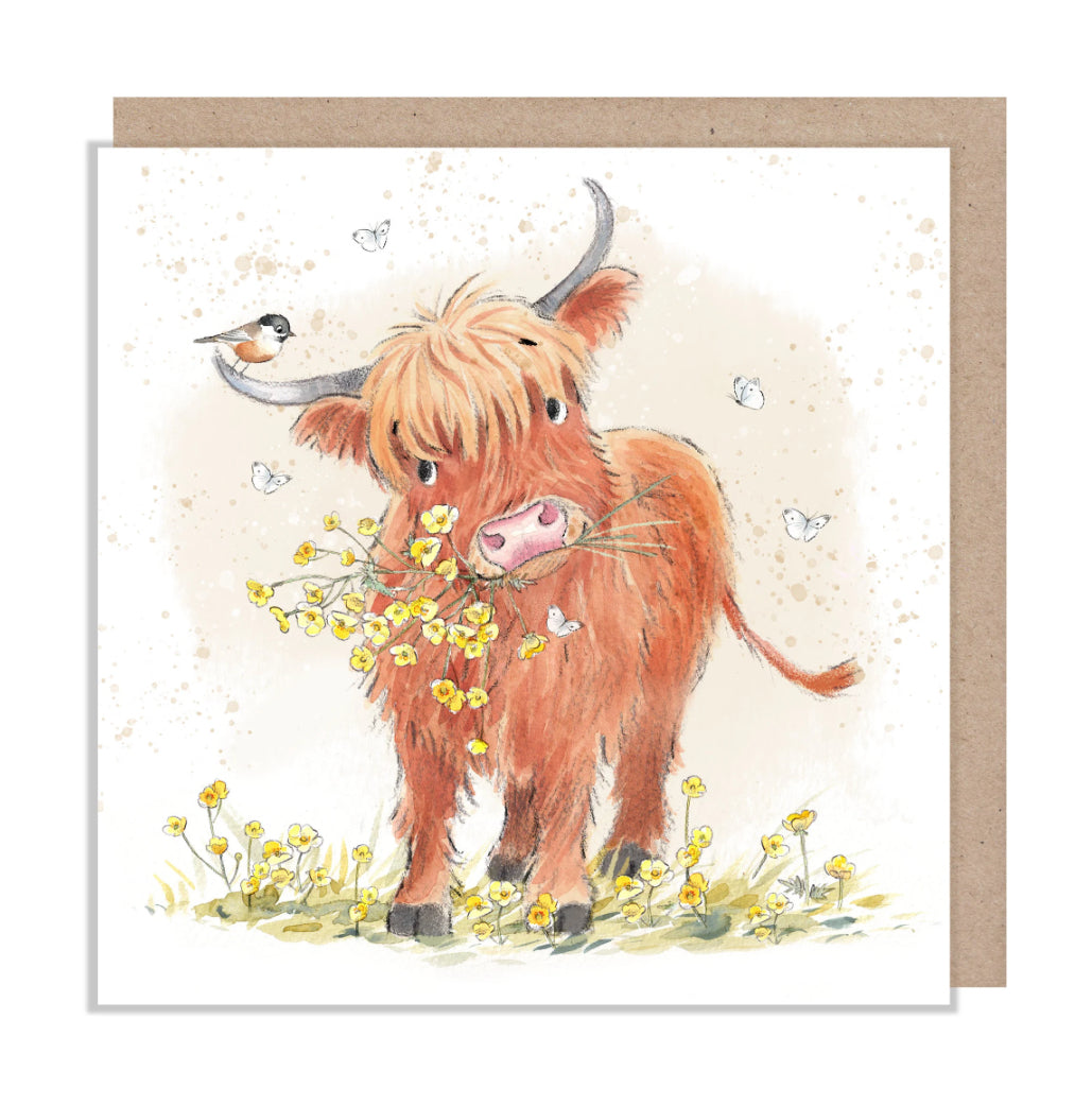 Paper Shed Design Card - Highland Cow with Bird