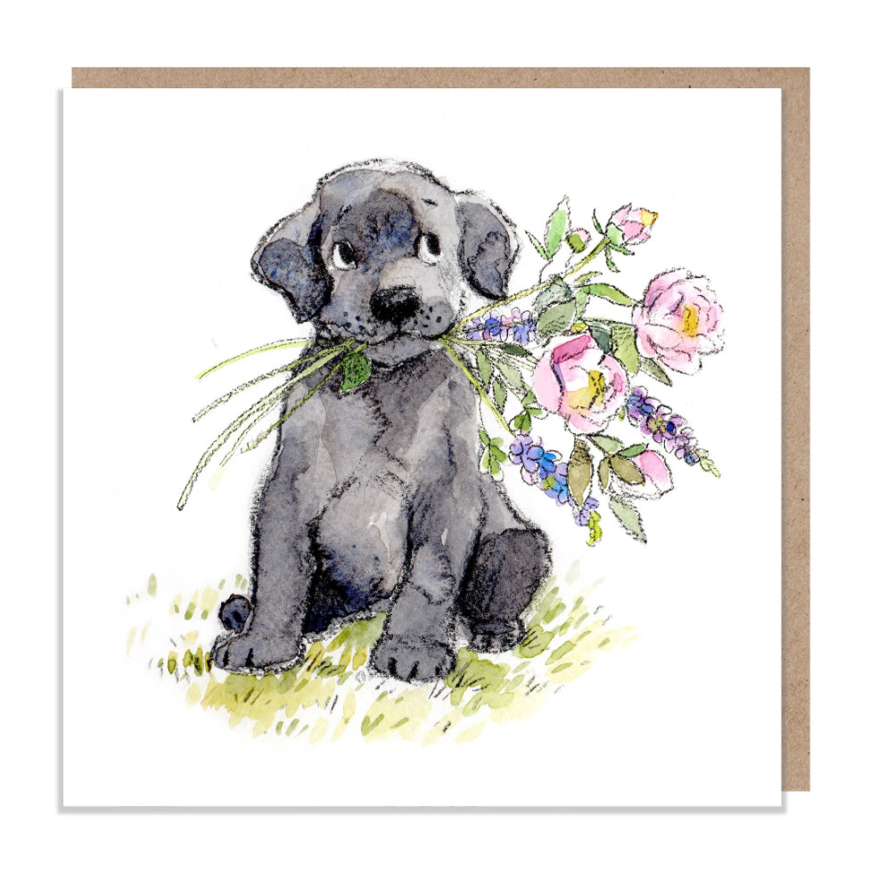 Paper Shed Design Card - Black Labrador with Flowers