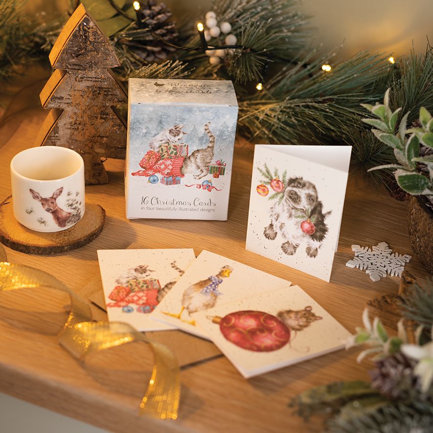 Wrendale Designs Christmas Mini Cards Boxed 16PK (4 Designs) - Duck, Mouse, Dog, Cat