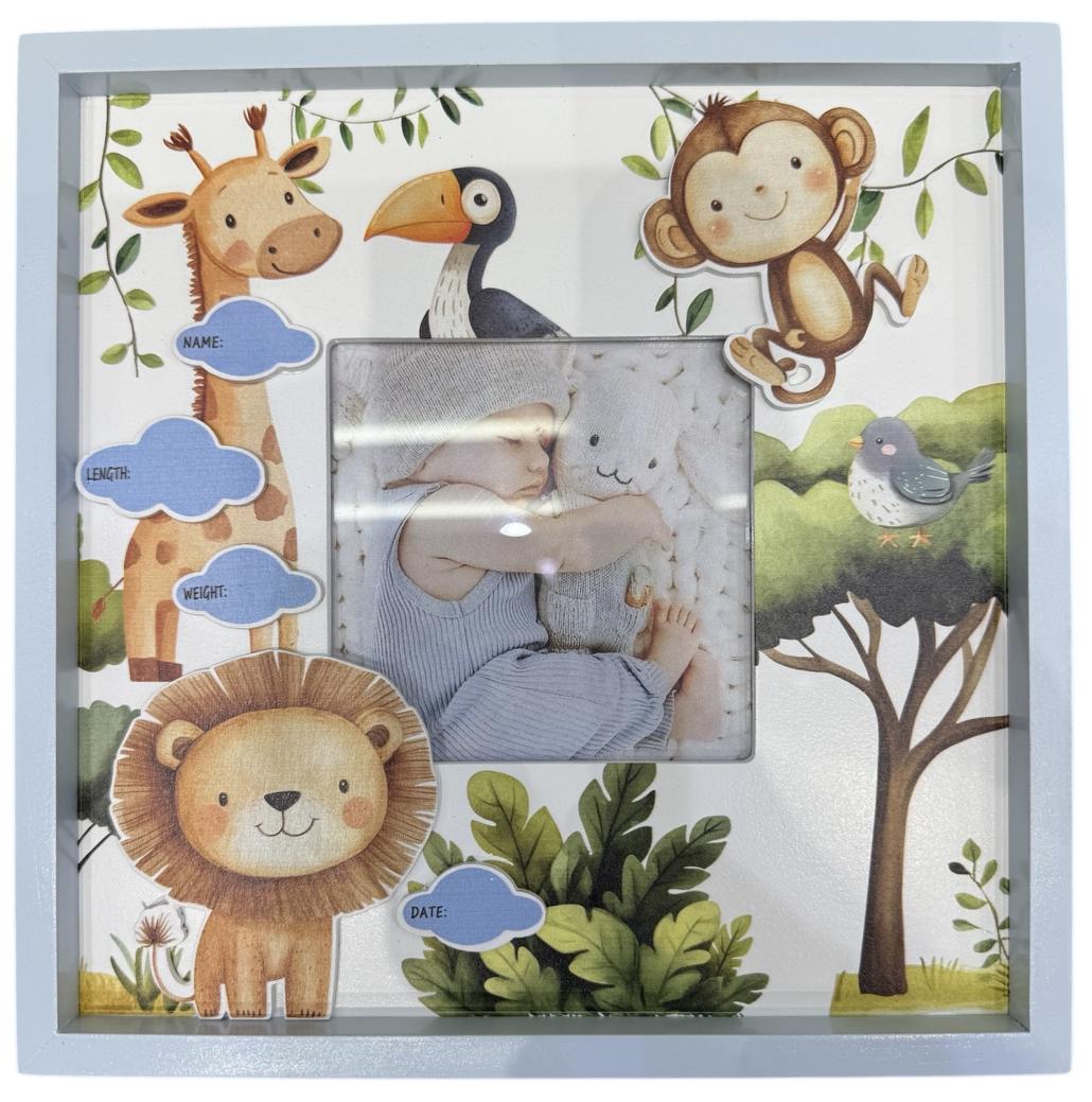 Cute Safari Animals - Blue Baby Announcement Photo Frame (4x4)