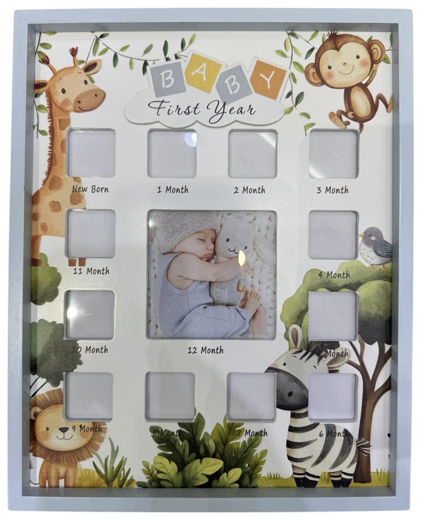 Cute Safari Animals - Blue Baby First Year Photo Frame