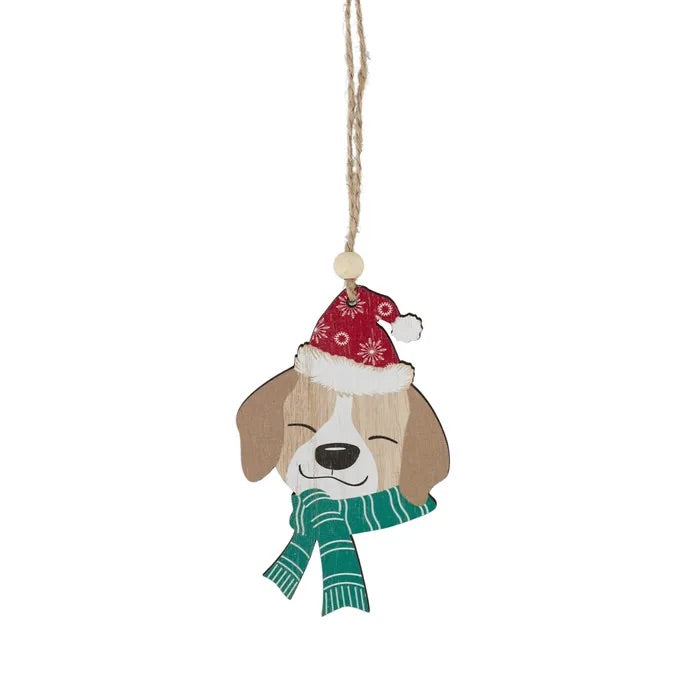 Christmas Dog with Santa Hat & Green Scarf Hanging Decoration