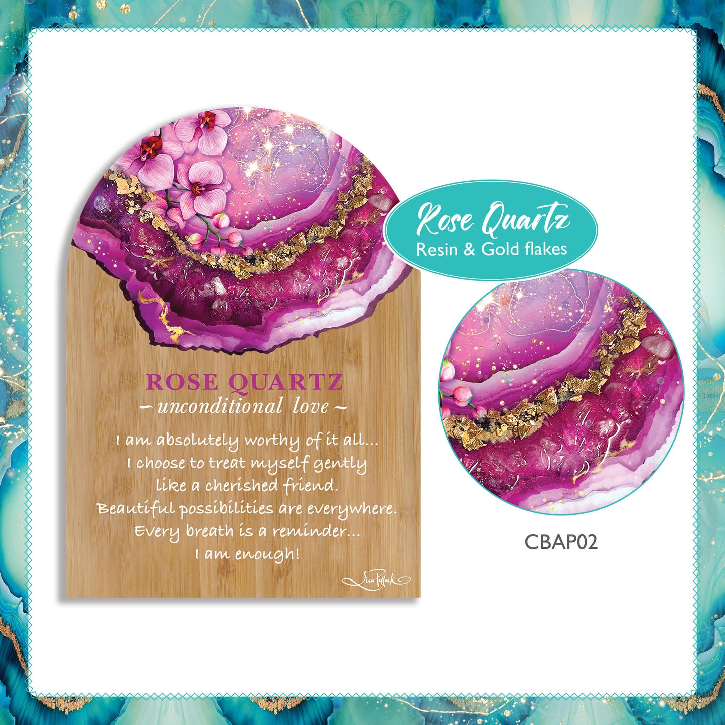 Crystal Resin Bamboo Affirmation Plaque - Rose Quartz Orchid