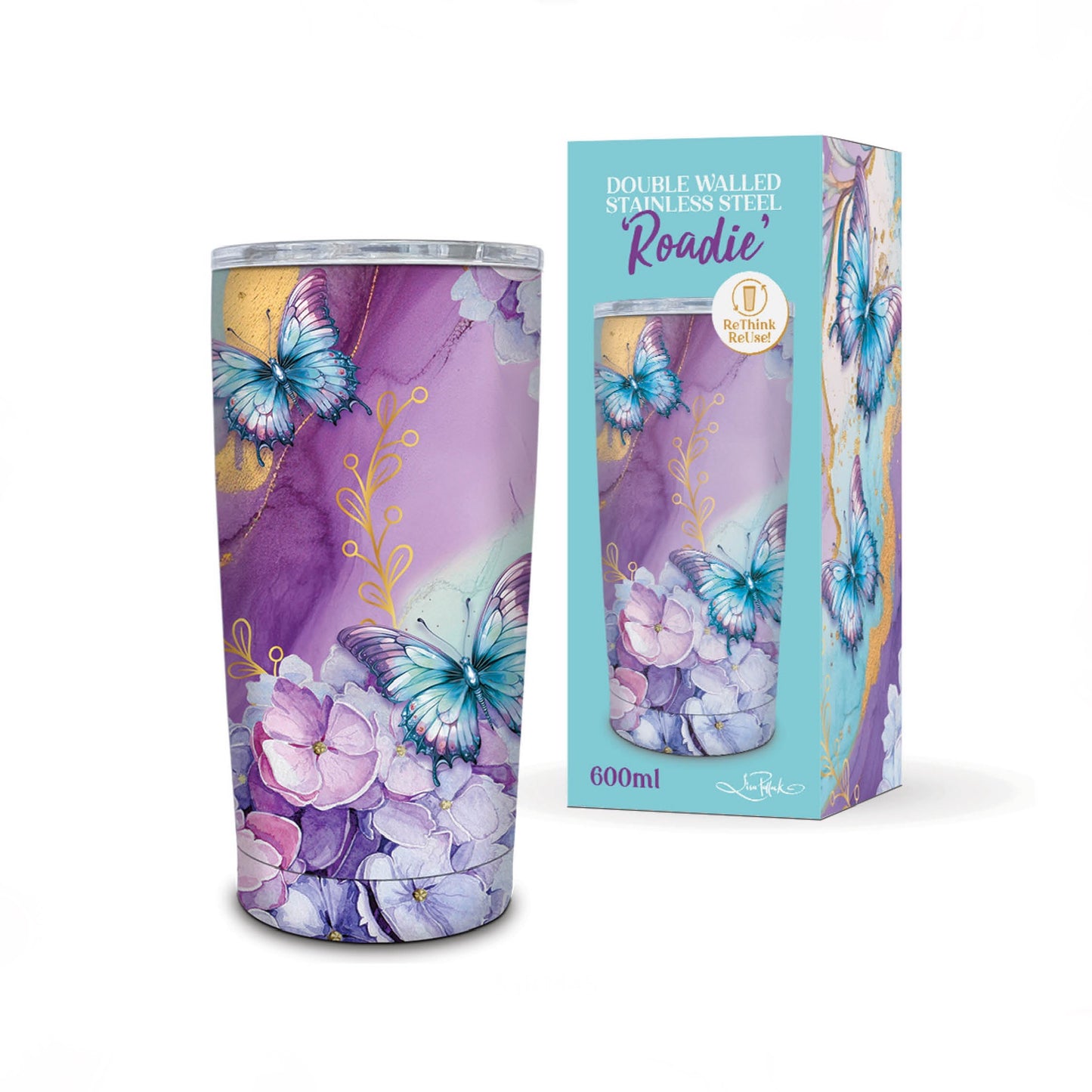 Double Walled Stainless Steel ‘Roadie’ Travel Mug (600ml) - Amethyst Butterflies