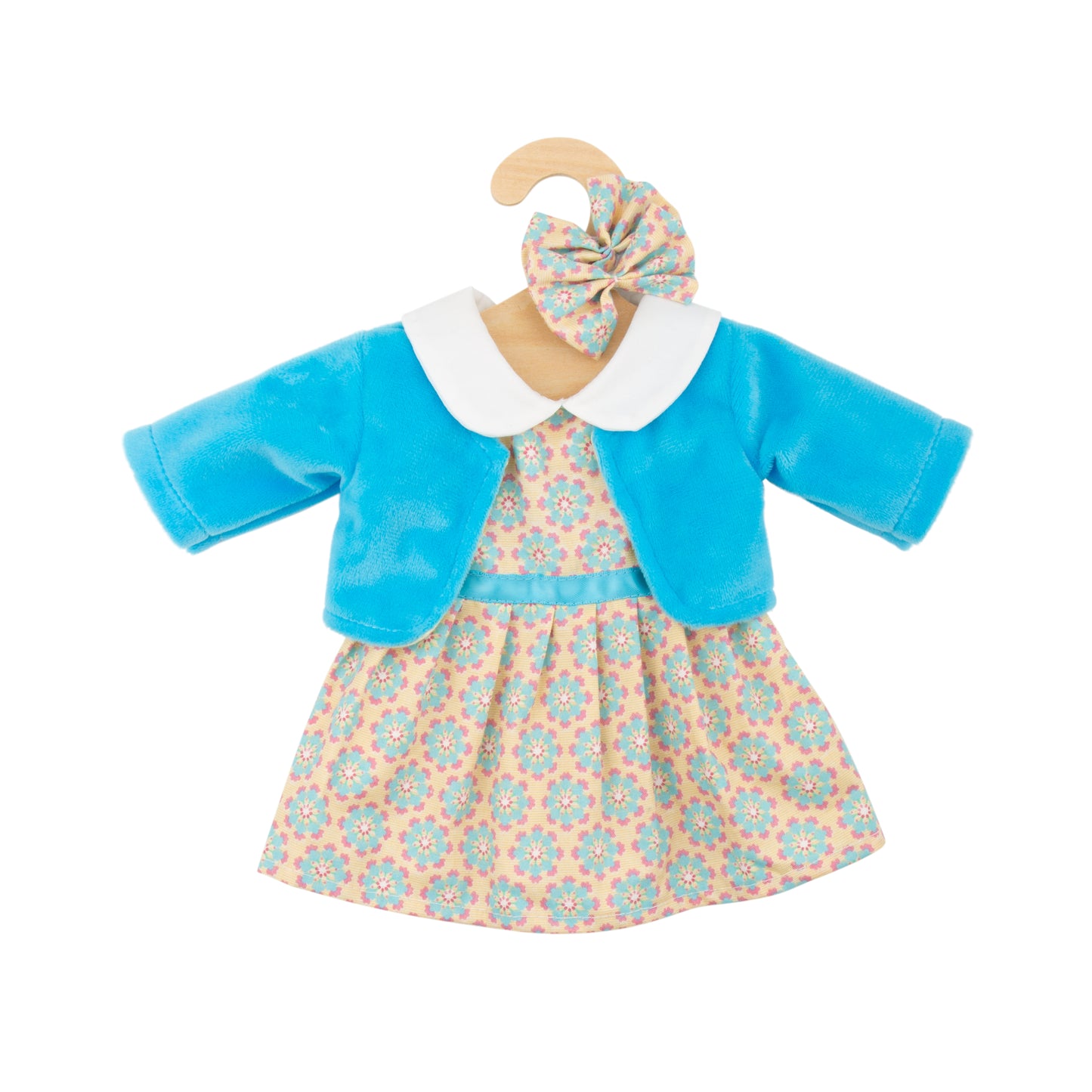Hopscotch Dolls Clothes - Aqua and Yellow Dress with Matching Bows and Blue Jacket