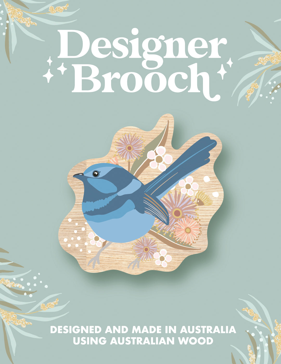 Wooden Brooch - Blue Wren