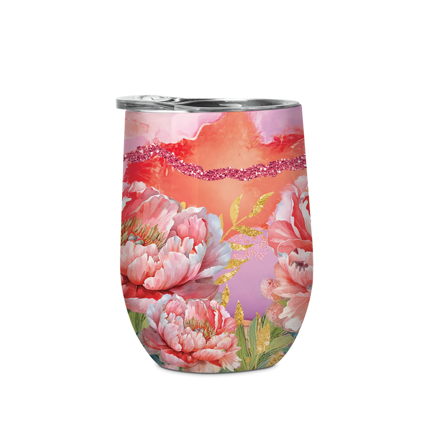 Double Walled Stainless Steel 'Bevvy' Mug (350ml) - Coral Peony