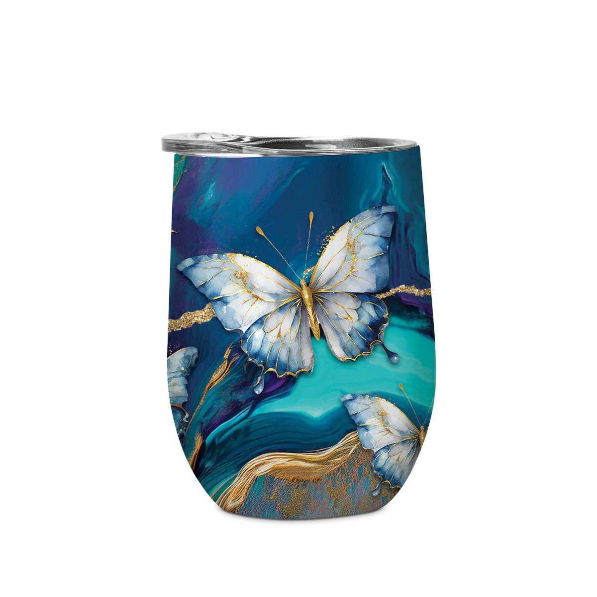 Double Walled Stainless Steel 'Bevvy' Mug (350ml) - Tranquil Butterflies