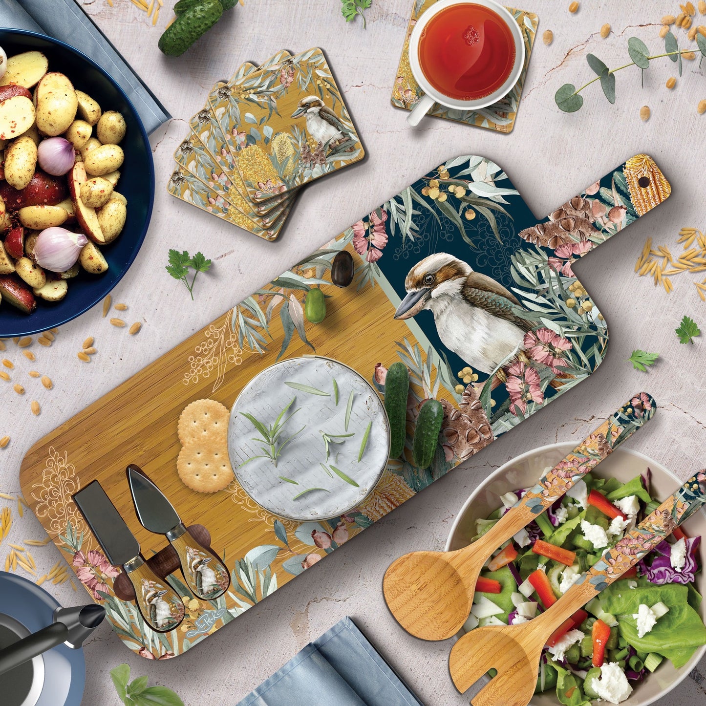 Large Bamboo Serving Board with Cheese Knives - Blue Bush Guardian