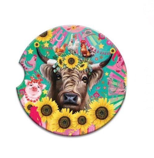 Ceramic Absorbent Car Coaster - Carnival Cow