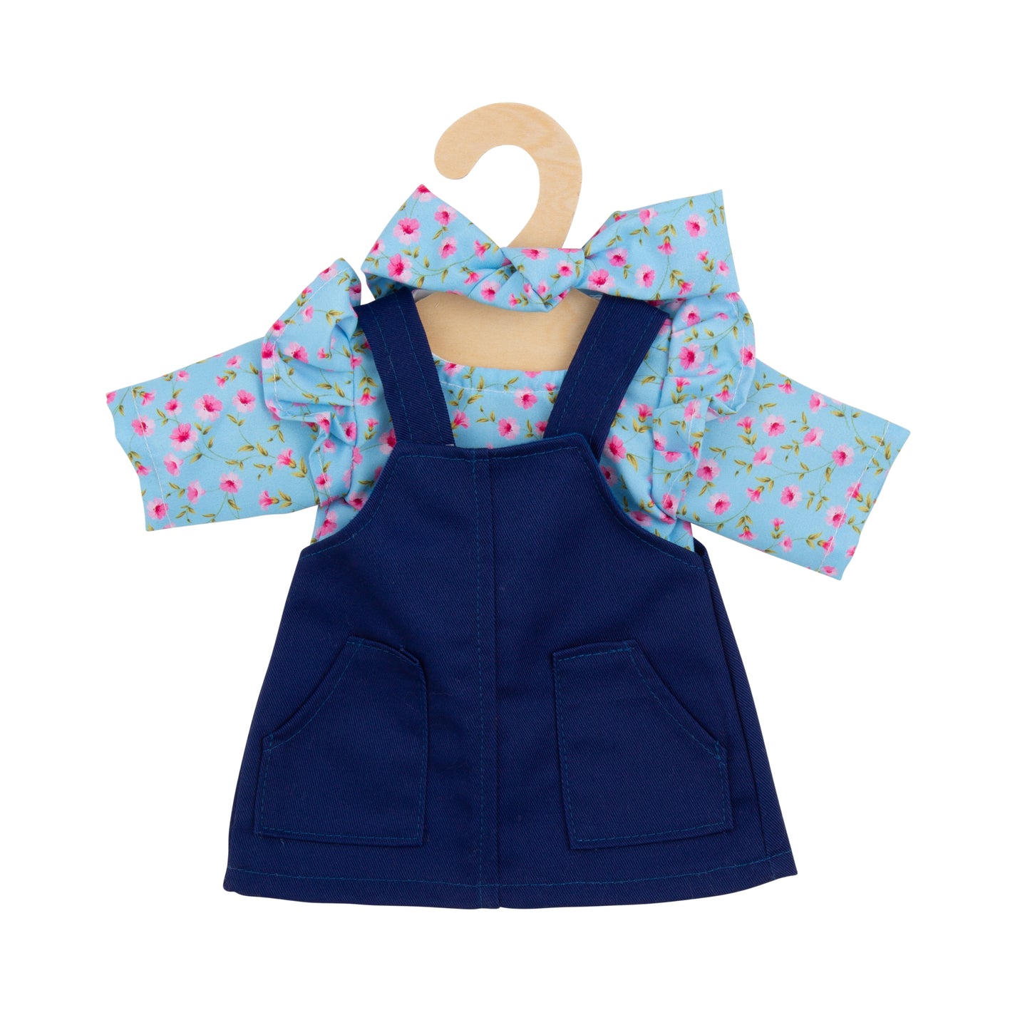 Hopscotch Dolls Clothes - Blue Floral Blouse under Navy Pinafore