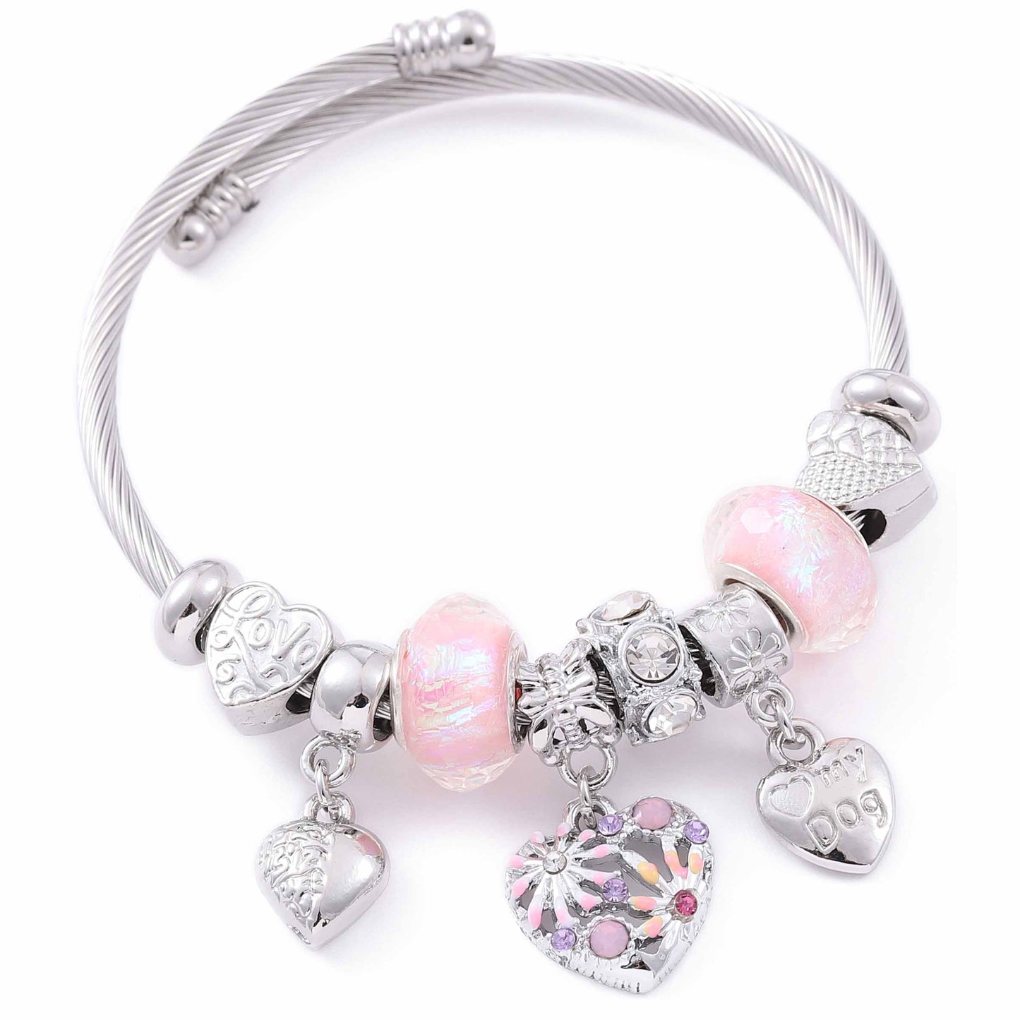 Pink/Silver Heart Dog Charm Bracelet