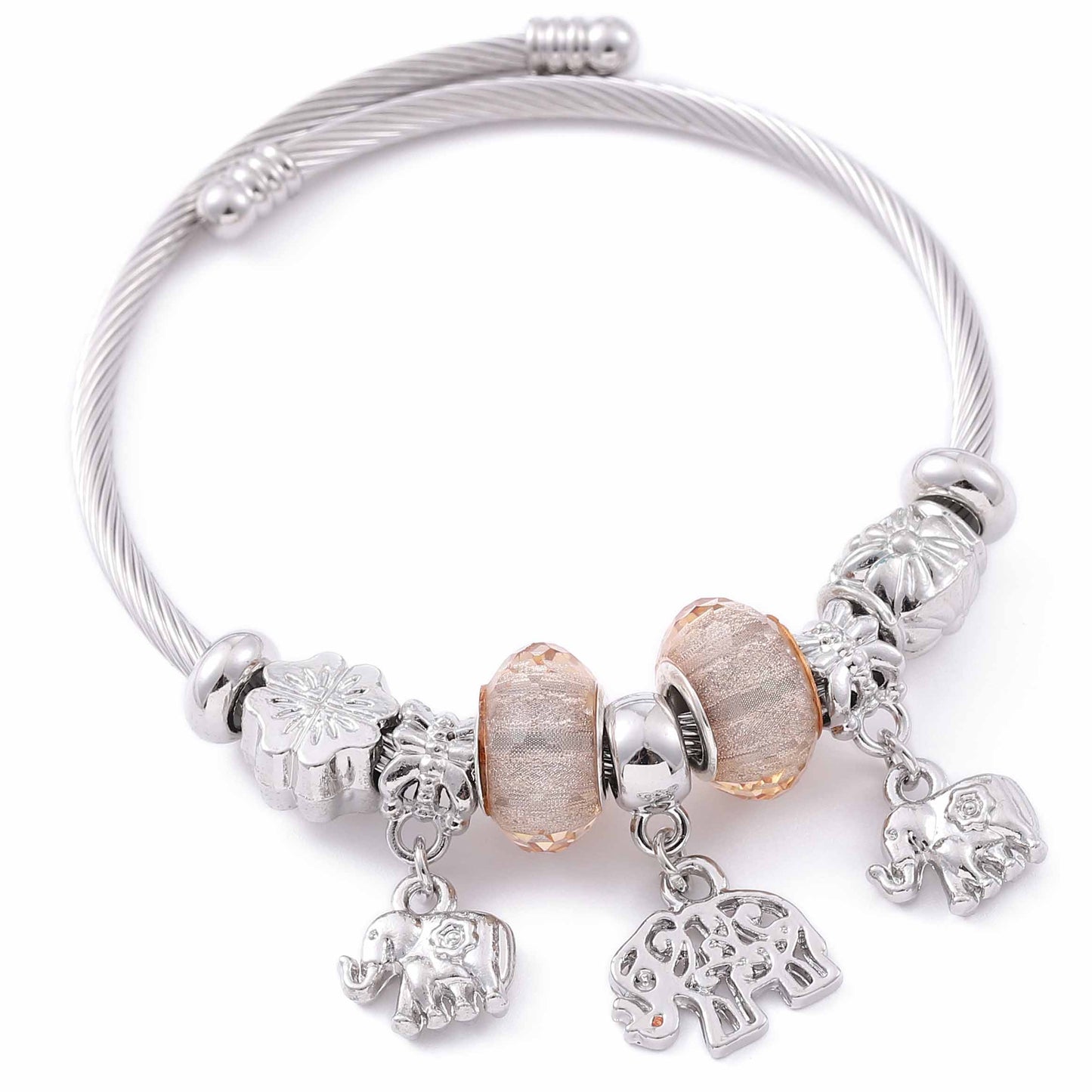 Tan/Silver Elephant Charm Bracelet