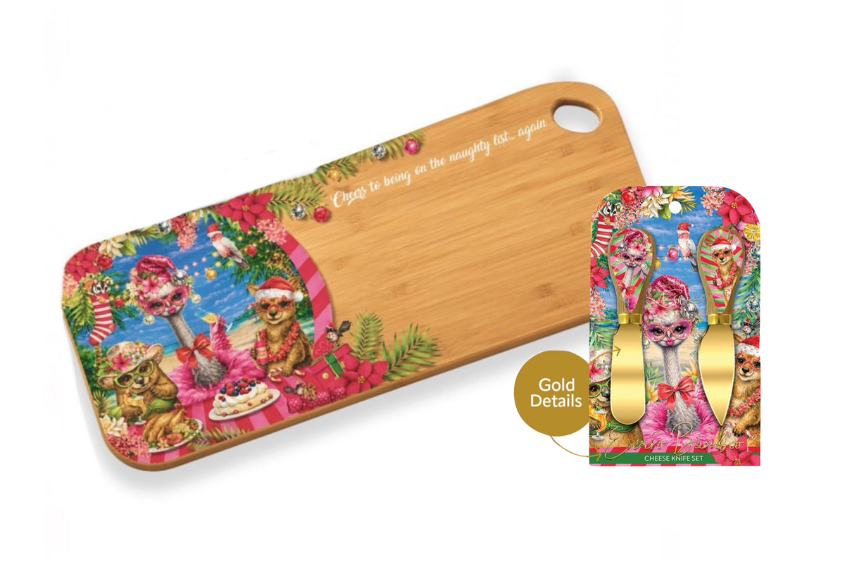 Medium Bamboo Serving Board with Cheese Knives - Christmas Crackers