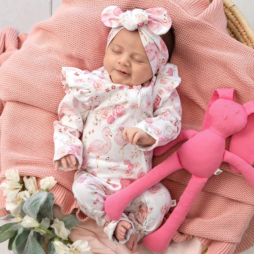 Flamingos Organic Snugglesuit Zip Convertible Romper with Frill
