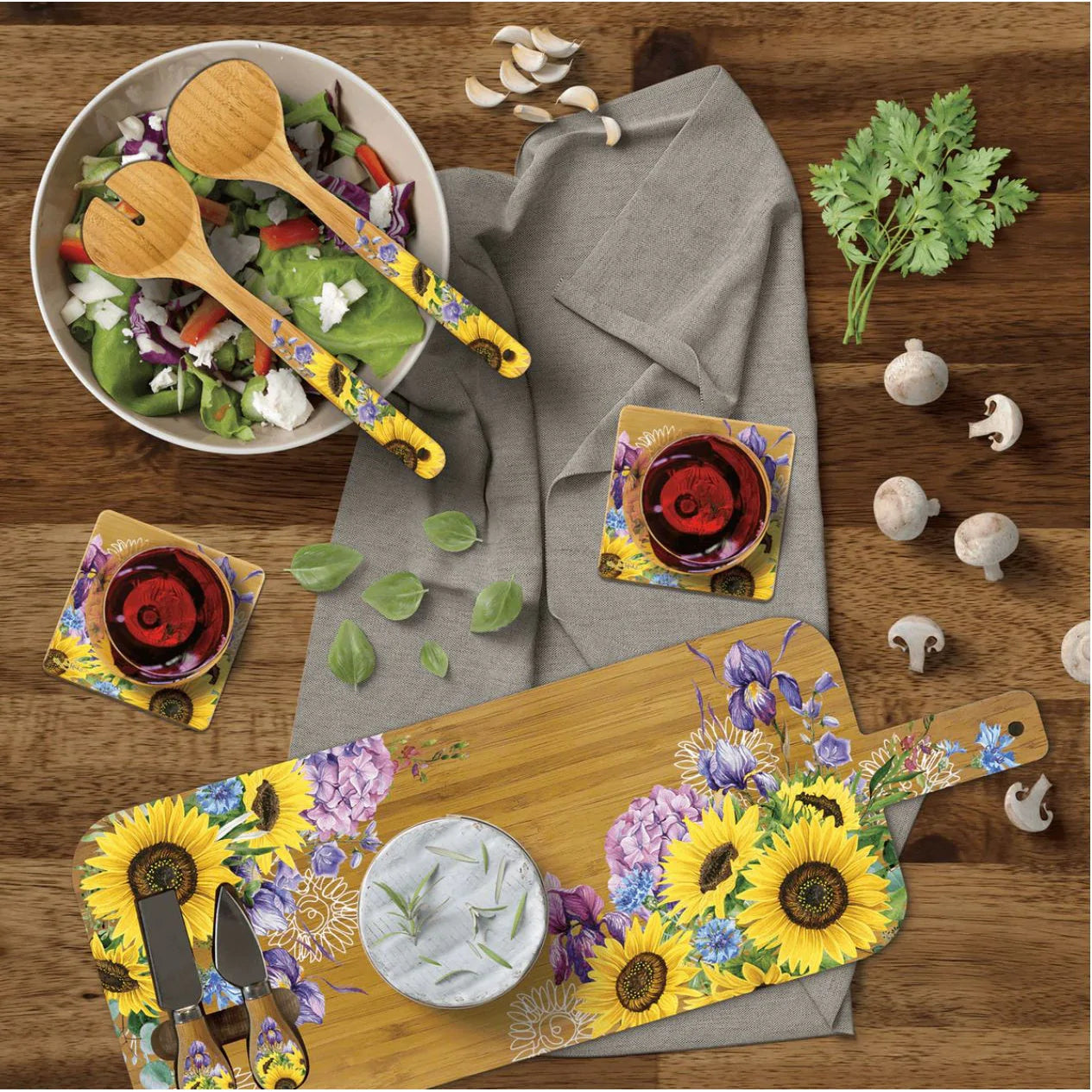 Large Bamboo Serving Board with Cheese Knives - Sunflowers