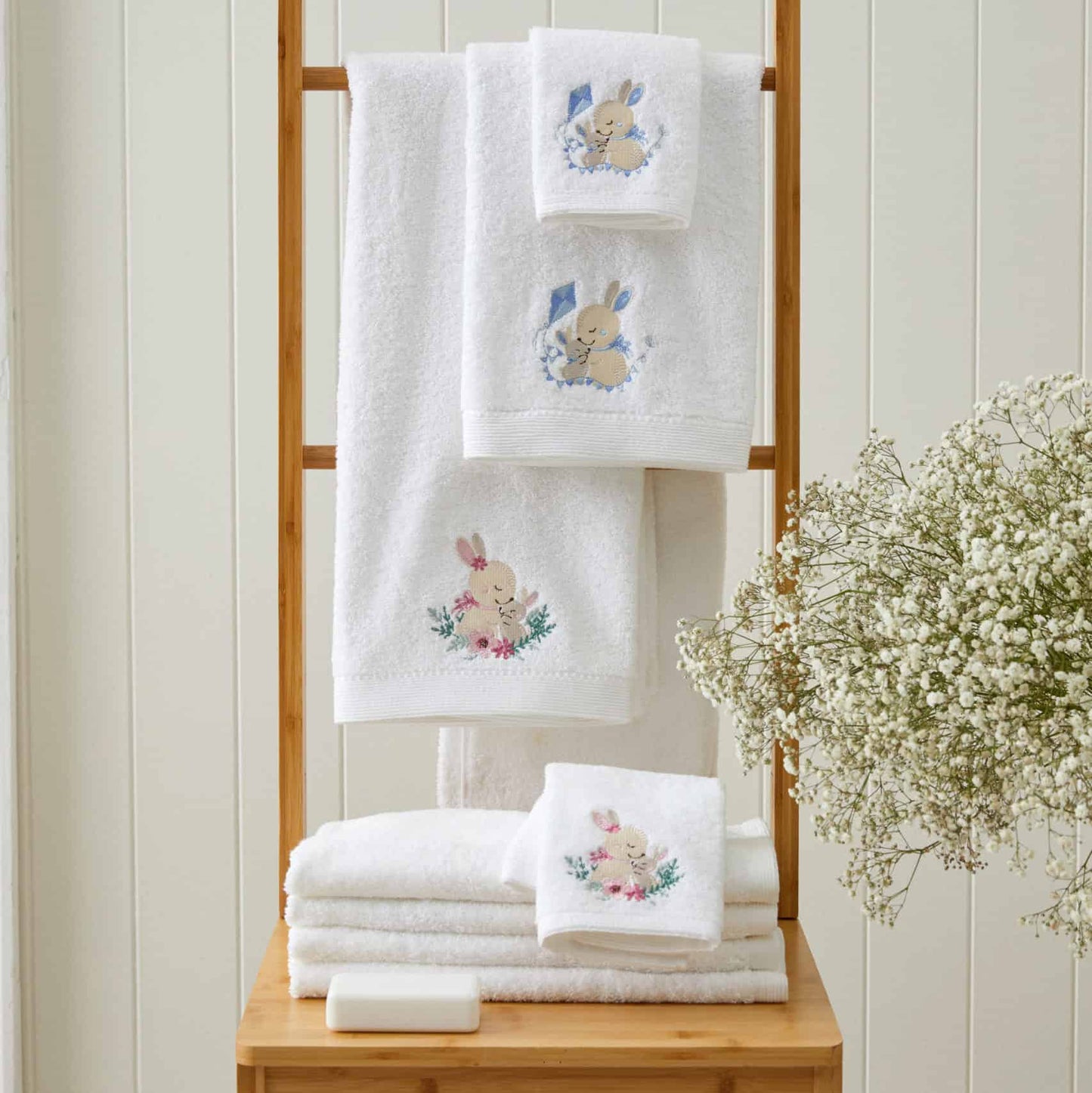 Bath Towel & Face Washer in Organza Bag - Blue Bunny