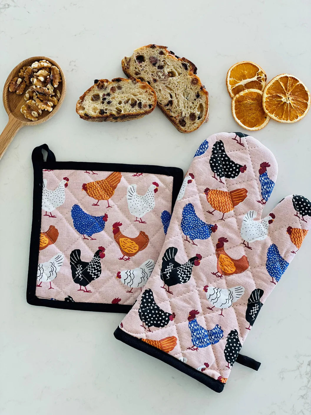 Oven Glove & Pot Holder Set - Bright Hens