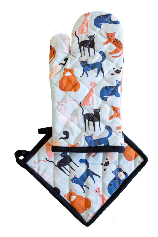 Oven Glove & Pot Holder Set - Colourful Cats