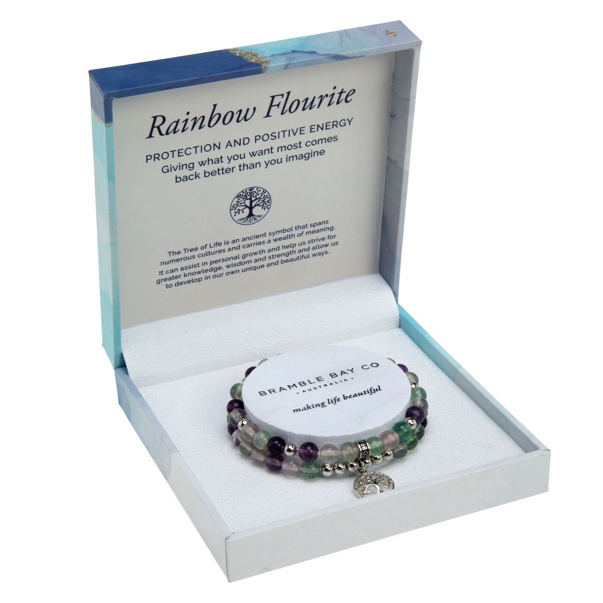 Tree of Life Duo Bracelet Set - Rainbow Fluorite (Rhodium)