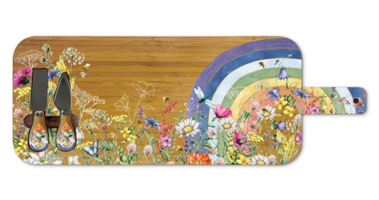 Large Bamboo Serving Board with Cheese Knives - Wildflower Rainbow