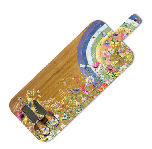 Large Bamboo Serving Board with Cheese Knives - Wildflower Rainbow