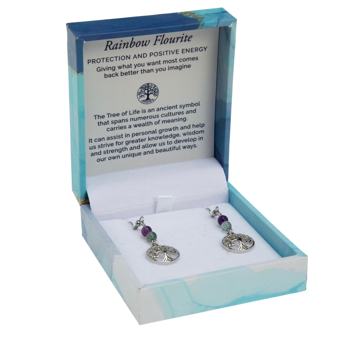 Tree of Life Duo Earrings - Rainbow Fluorite (Rhodium)