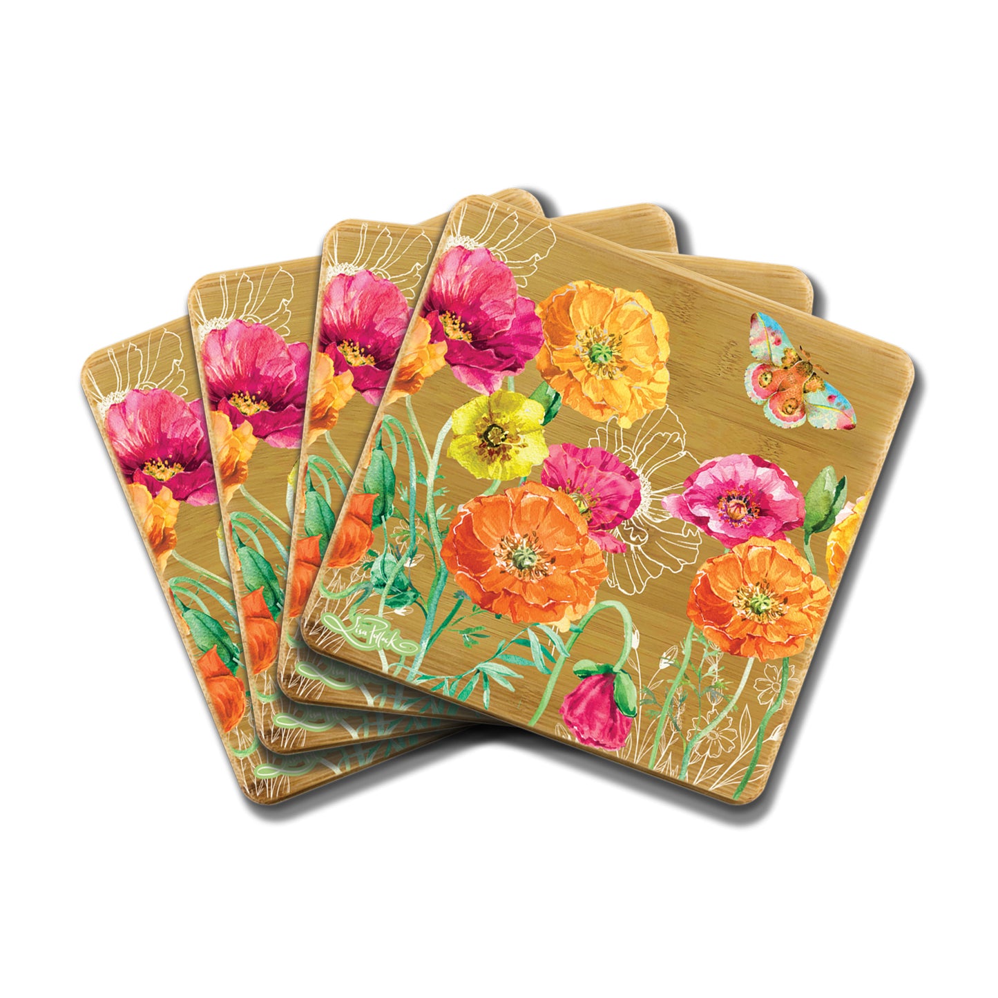Bamboo Coasters Set of 4 - Bright Poppies