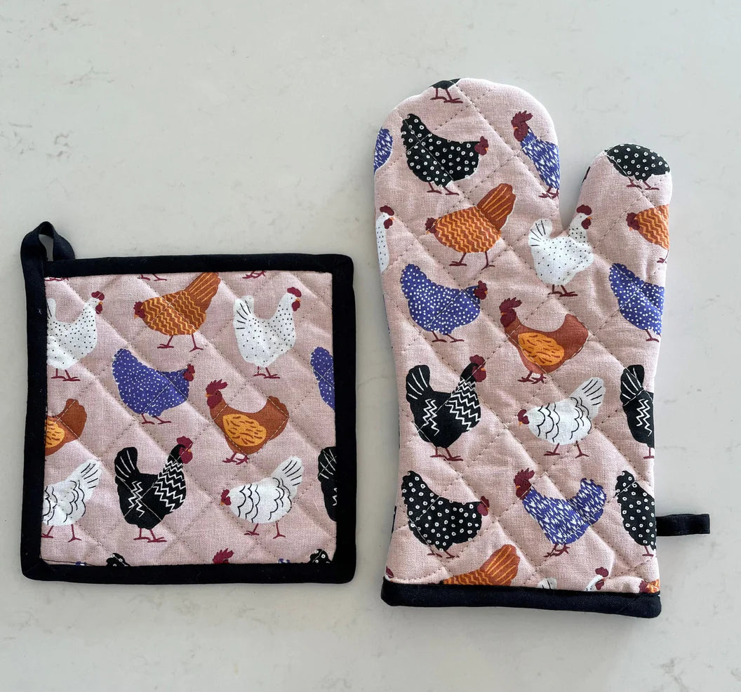 Oven Glove & Pot Holder Set - Bright Hens