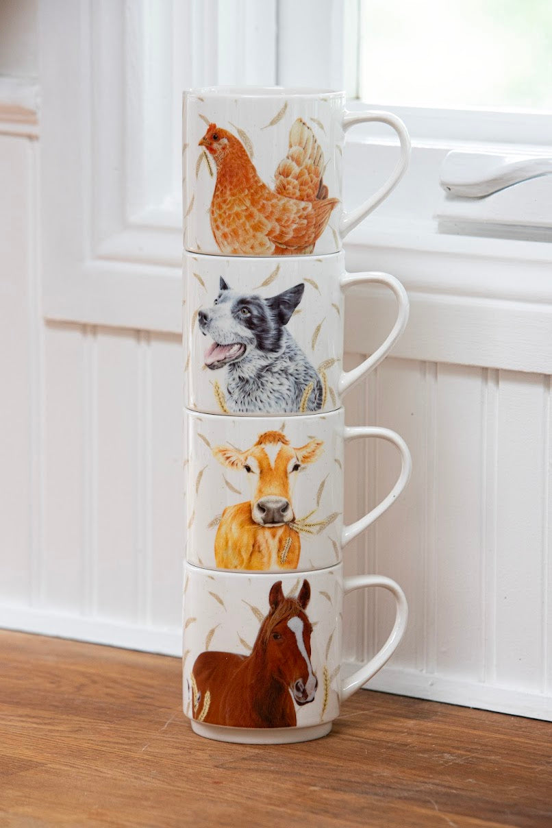 Farmyard Faces - Stackable Mugs 4PK (Chicken, Cow, Horse & Blue Heeler)