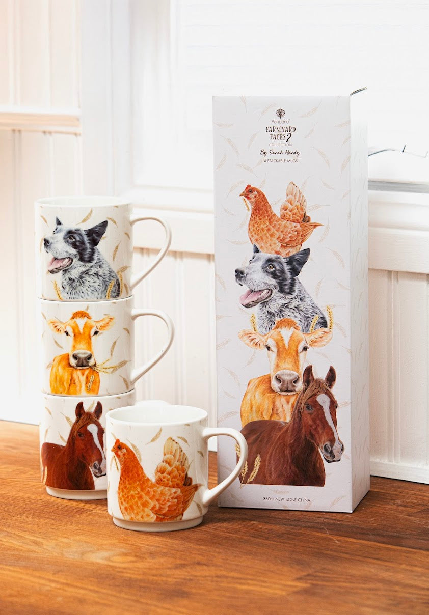 Farmyard Faces - Stackable Mugs 4PK (Chicken, Cow, Horse & Blue Heeler)