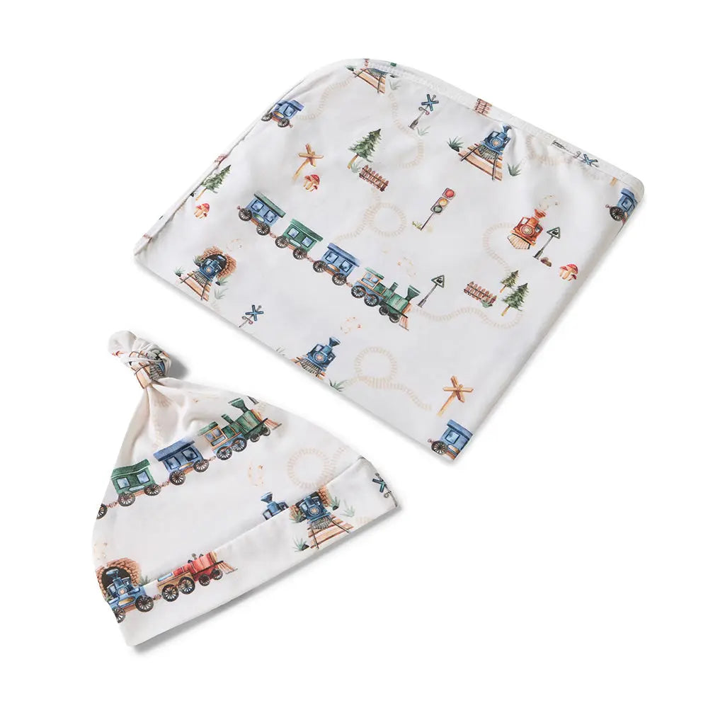 Trains Organic Jersey Wrap & Beanie Set