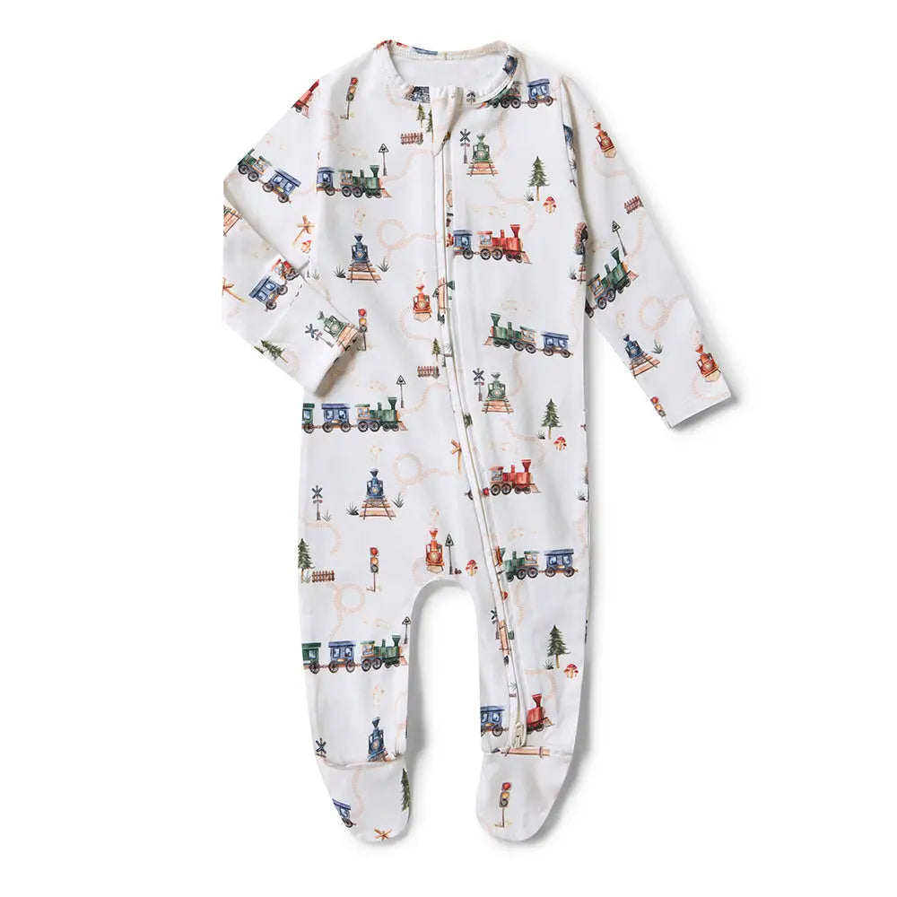 Trains Organic Snuggle Zip Footie