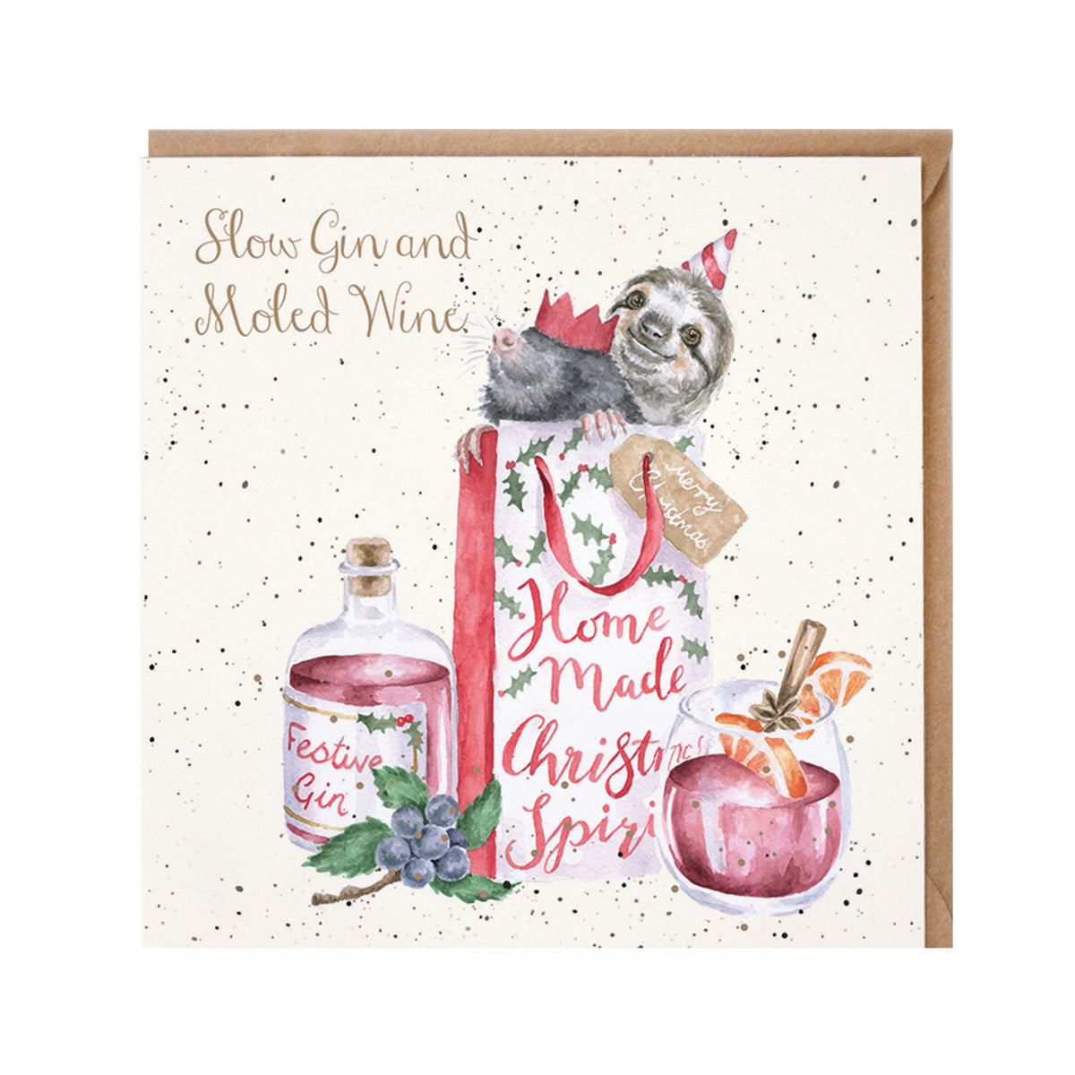 Wrendale Designs Christmas Card - ‘Slow Gin and Moled Wine’ (Sloth & Mole)