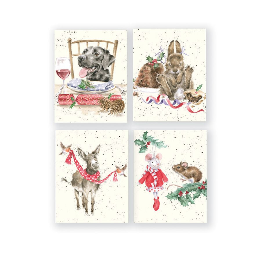 Wrendale Designs Christmas Mini Cards Boxed 16PK (4 Designs) - Dog, Rabbit, Donkey, Mouse