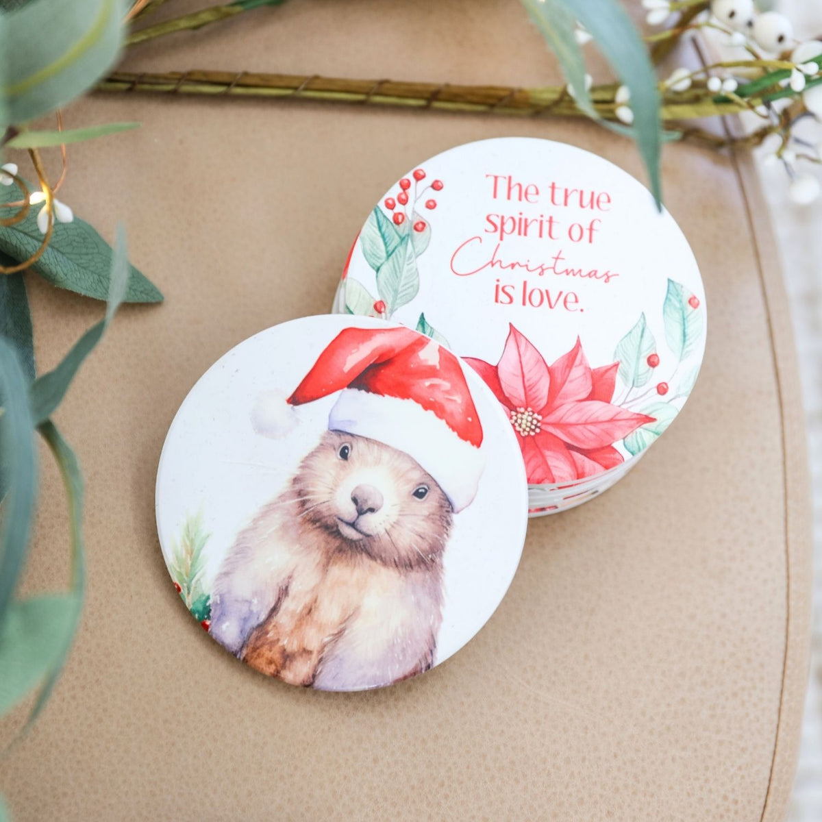 Christmas Wombat Ceramic Coaster