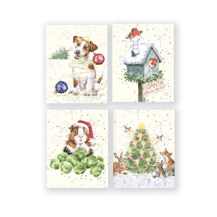 Wrendale Designs Christmas Mini Cards Boxed 16PK (4 Designs) - Dog, Robin, Guinea Pig, Christmas Tree