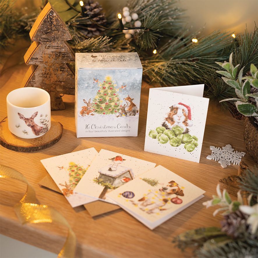 Wrendale Designs Christmas Mini Cards Boxed 16PK (4 Designs) - Dog, Robin, Guinea Pig, Christmas Tree