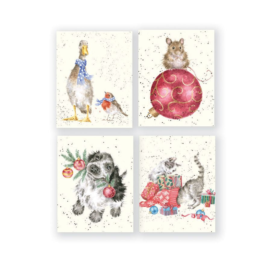 Wrendale Designs Christmas Mini Cards Boxed 16PK (4 Designs) - Duck, Mouse, Dog, Cat