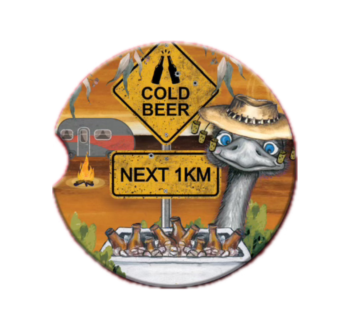 Ceramic Absorbent Car Coaster - Cold Beer Next 1km