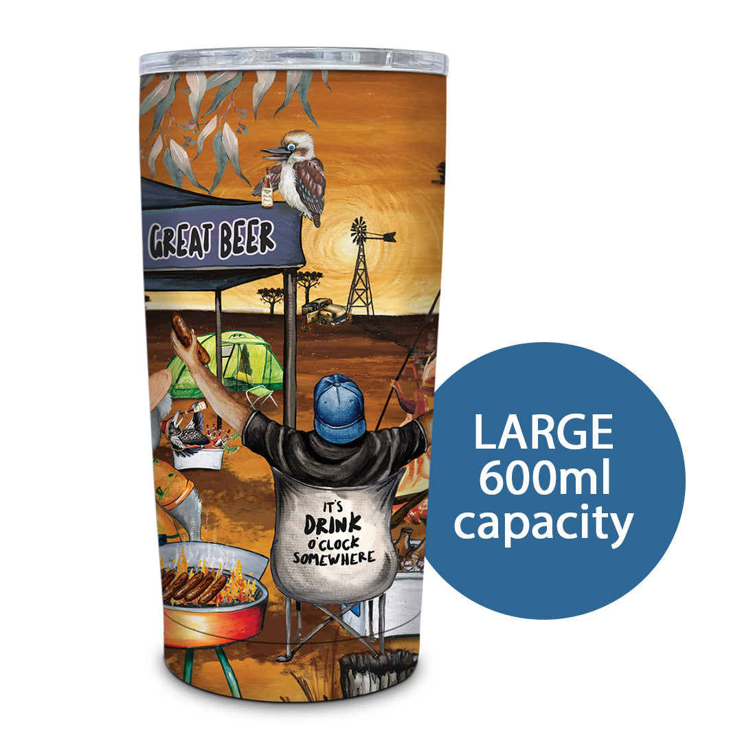 Double Walled Stainless Steel ‘Roadie’ Travel Mug (600ml) - Campground Happy Hour