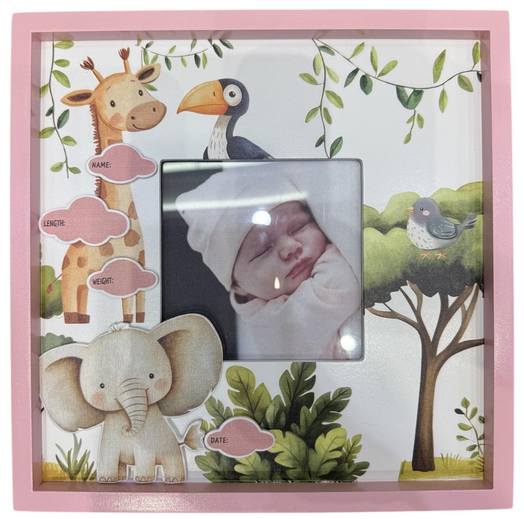 Cute Safari Animals - Pink Baby Announcement Photo Frame (4x4)