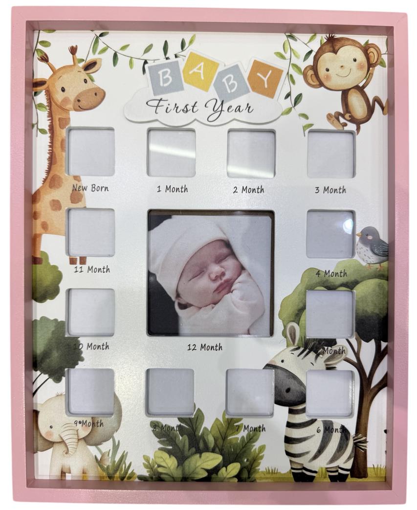 Cute Safari Animals - Pink Baby First Year Photo Frame