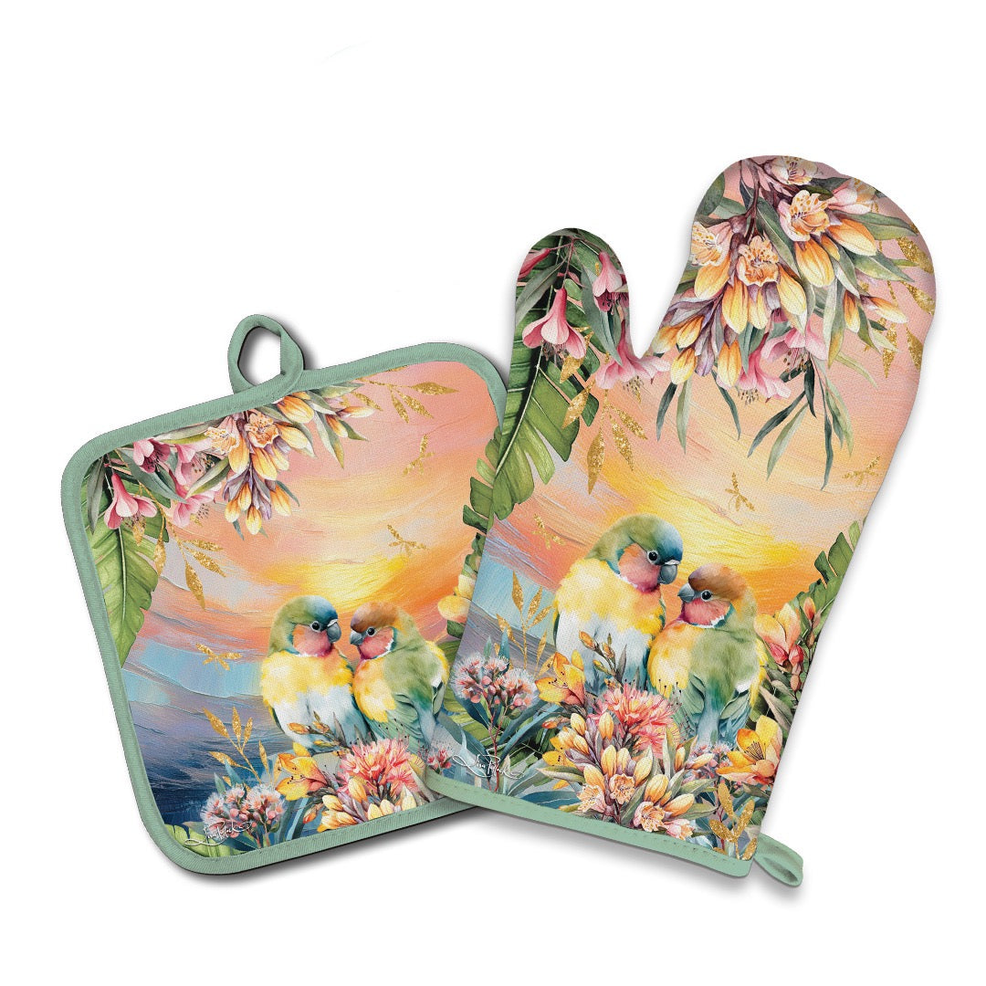 Oven Mitt & Pot Holder Set - Sunset Lovebirds