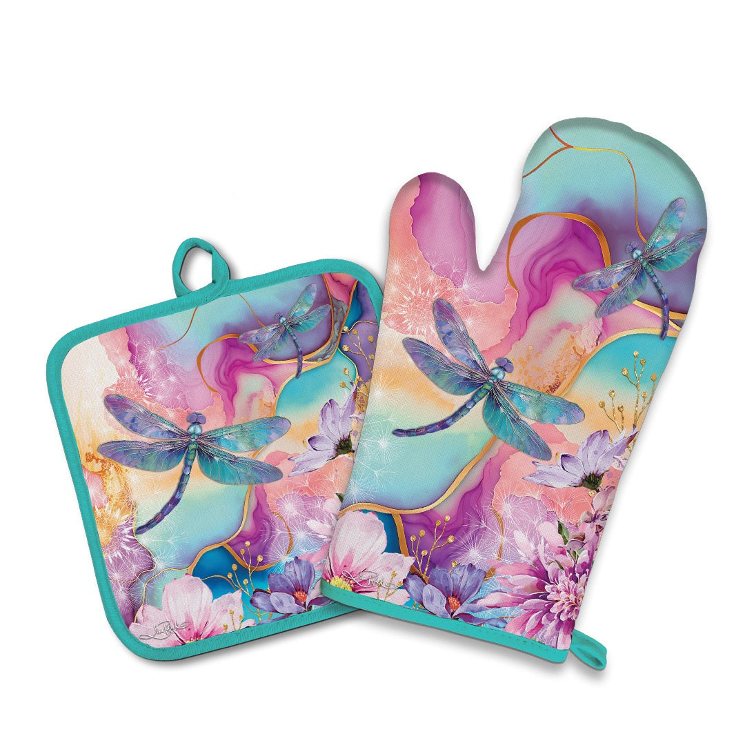 Oven Mitt & Pot Holder Set - Delightful Dragonflies