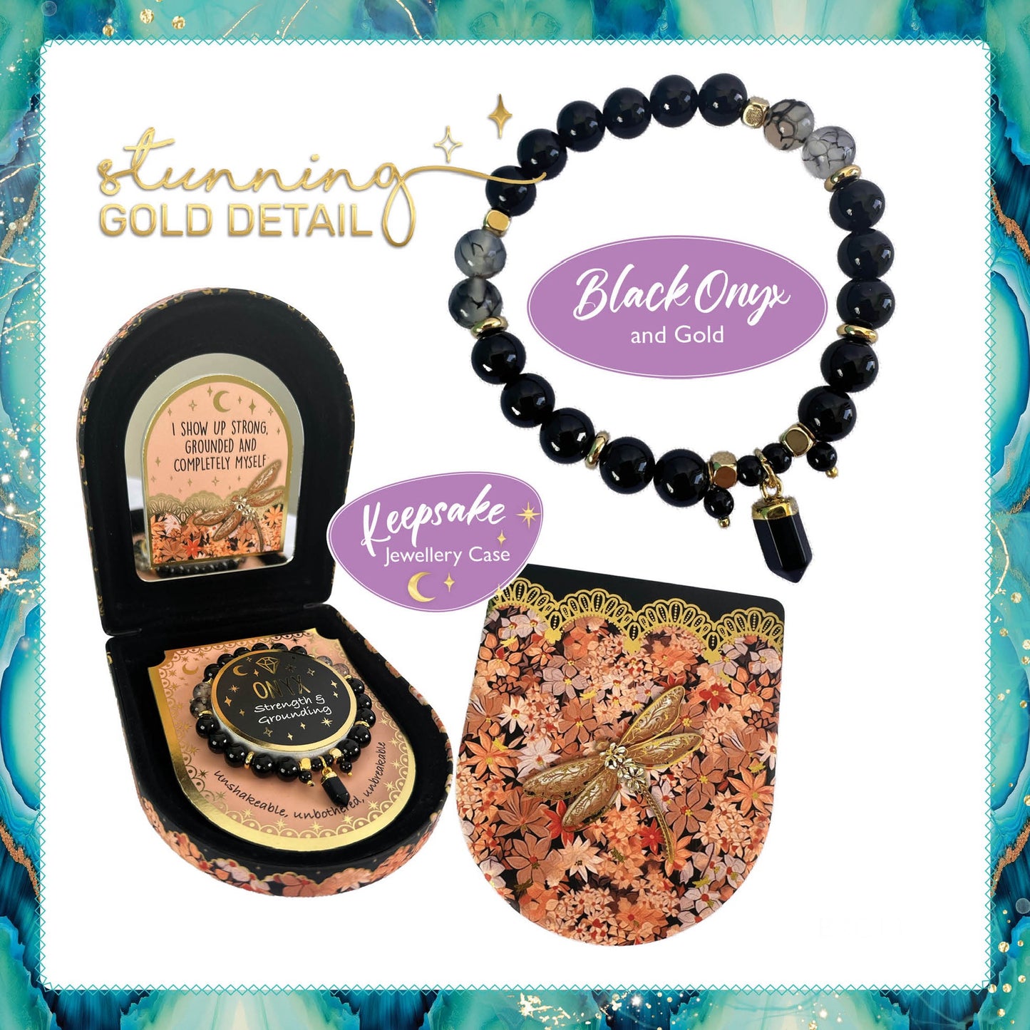 Crystal Point Bracelet with Jewellery Case Gift Set - Black Onyx