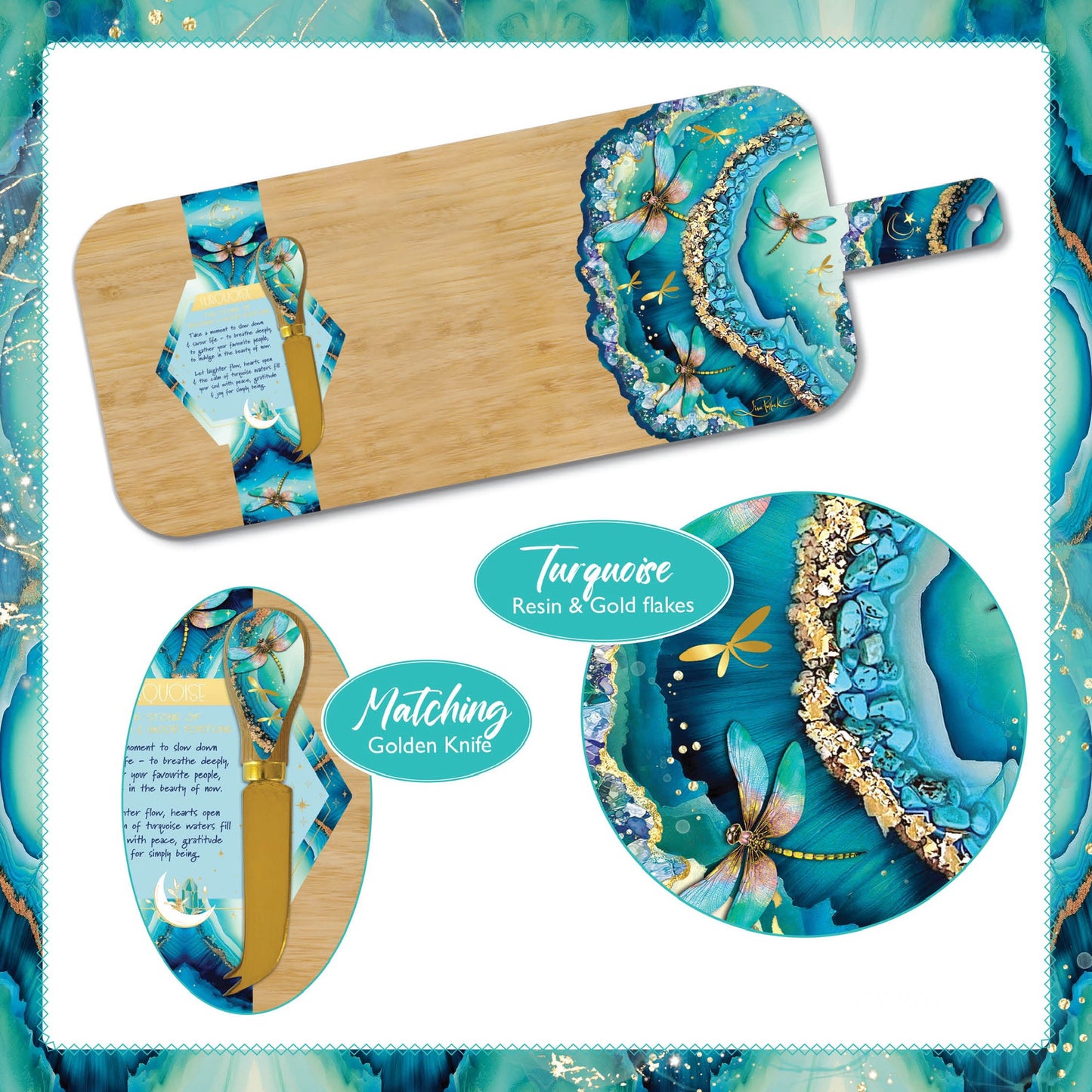 Crystal Resin Bamboo Serving Board with Cheese Knife - Turquoise Dragonflies